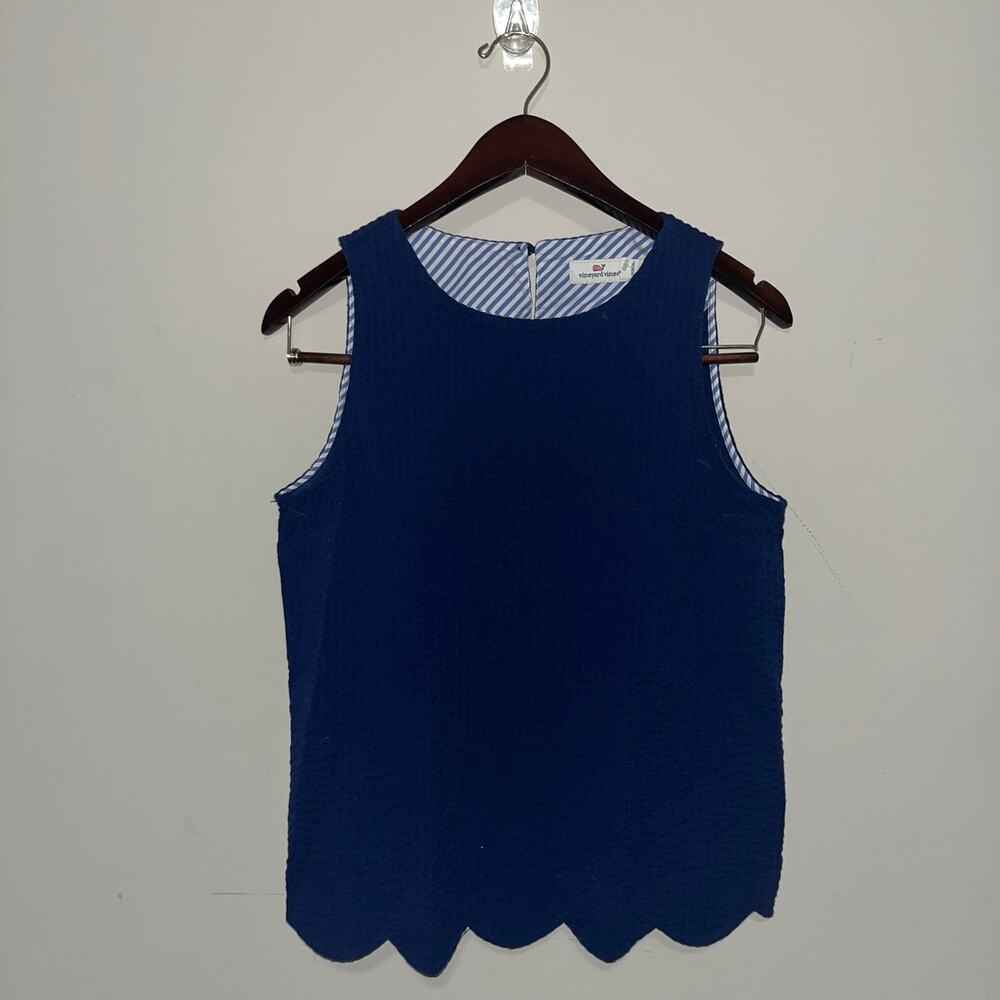 Navy Blue Vineyard Vines Seersucker Scallop Shell Blouse Size 4 (0743)